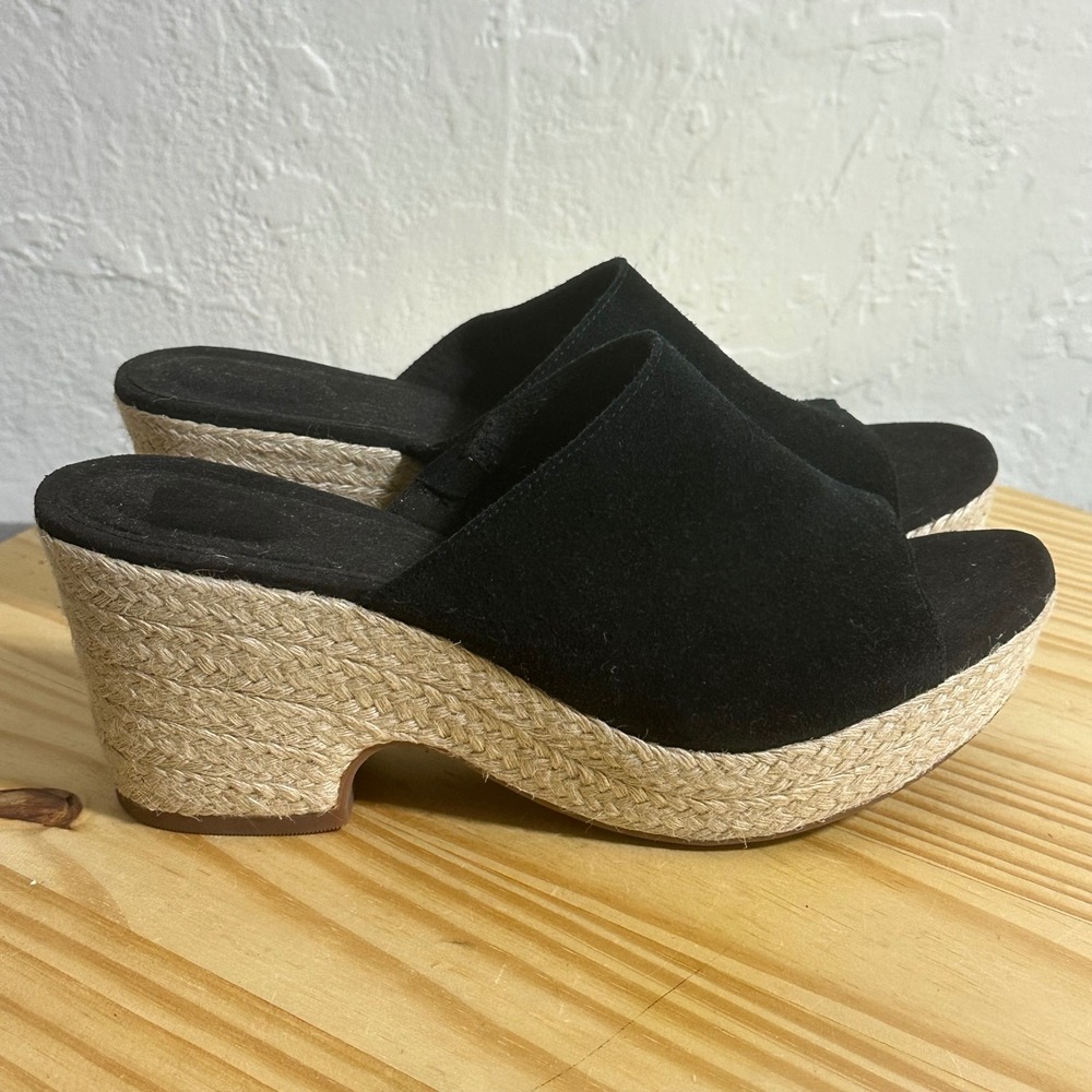 Clarks Womens Black Suede Espadrille Wedge Sandals Peep Toe Mules 9.5